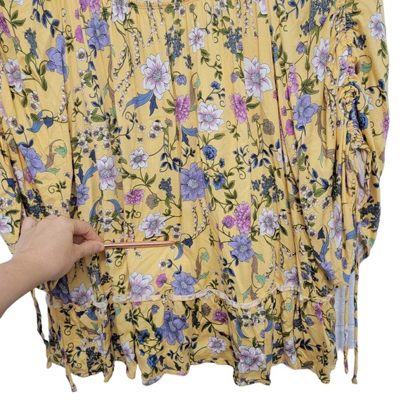 Democracy Yellow Floral Top 1x Off Shoulder Ruched Tie Sleeve 746 - Picture 5 of 12
